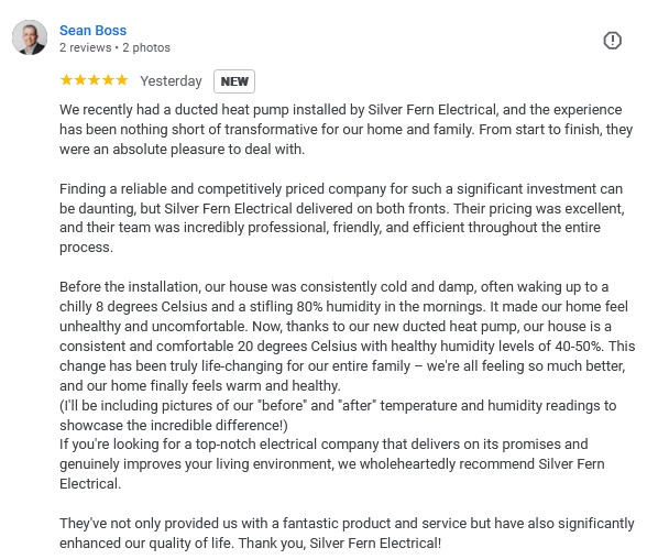 Ducted Heat Pump Installation Review for Silver Fern Electrical